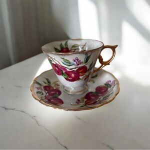 Vintage July Nectarine Teacup & Saucer UCAGCO Japan Decorative Gold-Rimmed